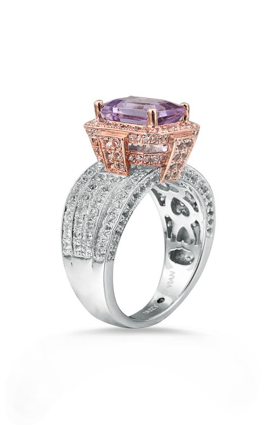 Suzy Levian Two-tone Emerald Cut Semiprecious Stone & White Topaz Halo Ring In Pink