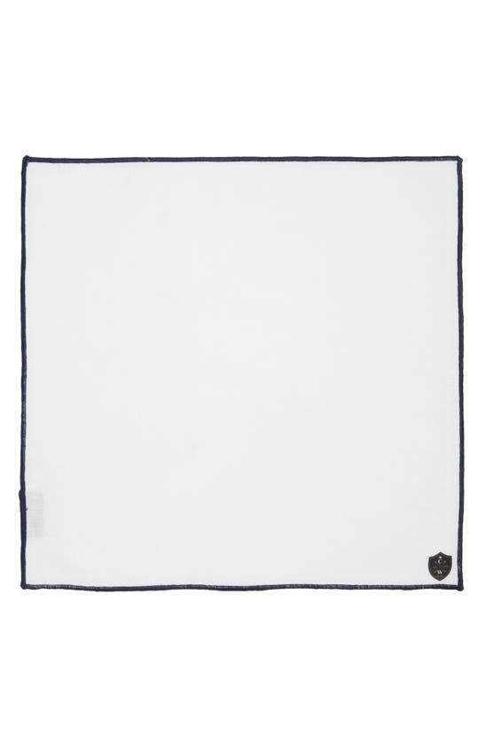 Clifton Wilson White Linen Pocket Square With Navy Trim In Navy