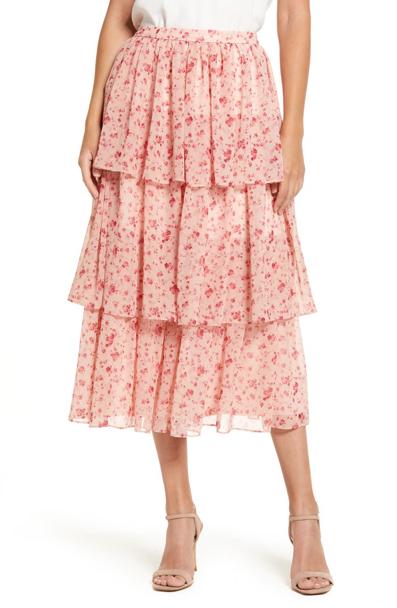 RACHEL PARCELL Print Tiered Ruffle Skirt, Main, color, PINK SMOKE ROSE VINE