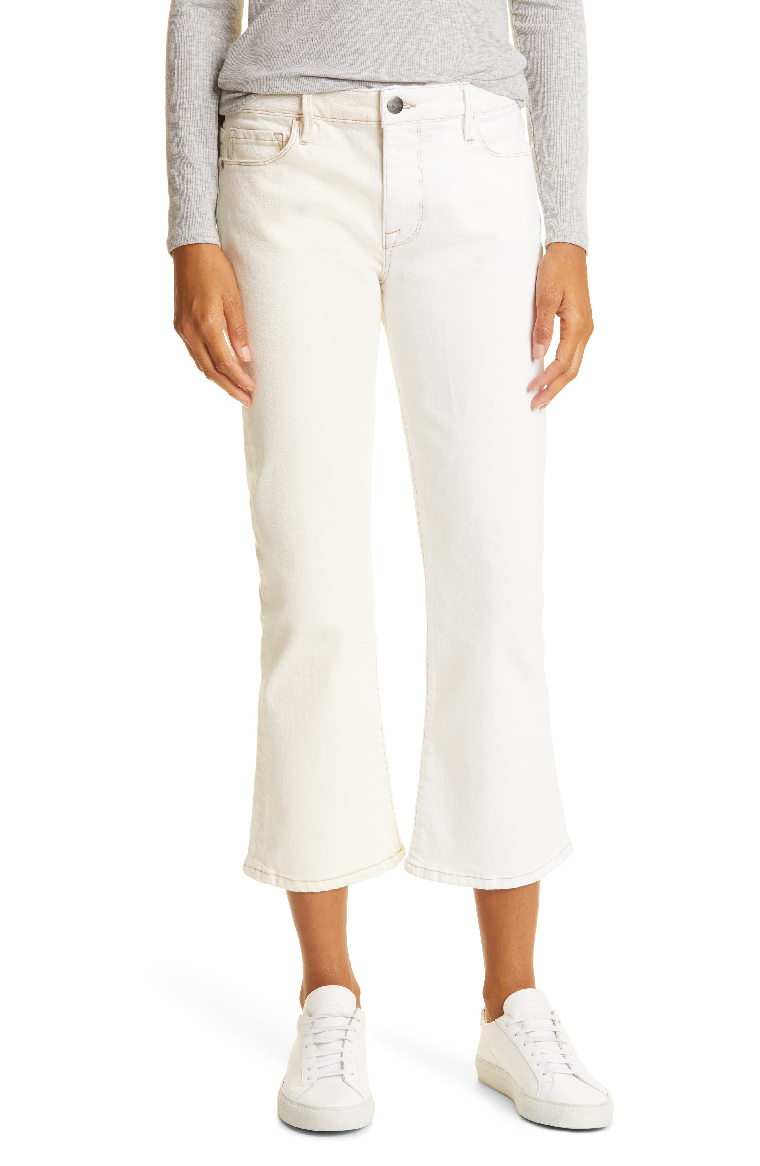white cropped bootcut jeans