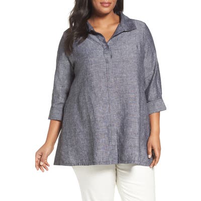 Plus Size Foxcroft Chambray Linen Tunic Shirt, Black