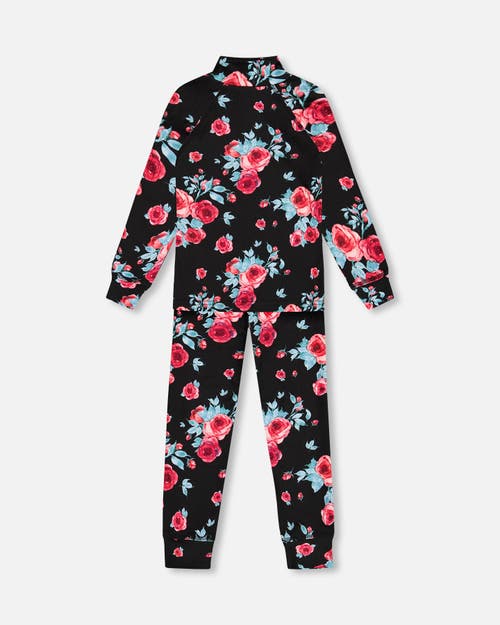 Shop Deux Par Deux Girl's Two Piece Thermal Underwear Set Black Printed Roses