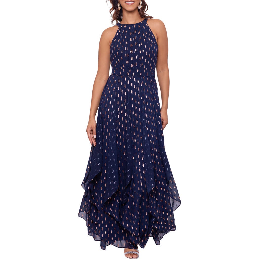 BETSY & ADAM BETSY & ADAM METALLIC LAYERED RUFFLE SLEEVELESS GOWN