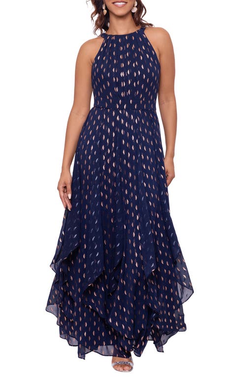 BETSY & ADAM BETSY & ADAM METALLIC LAYERED RUFFLE SLEEVELESS GOWN 