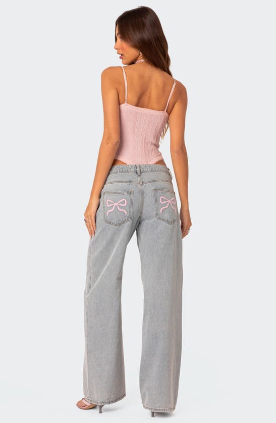 Shop Edikted Bow Pocket Low Rise Wide Leg Jeans In Light-blue