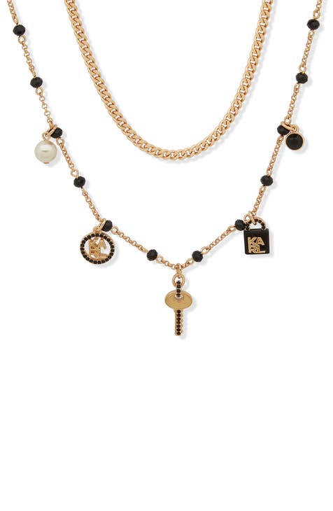 Lock and Key Enamel, Crystal & Imitation Pearl Logo Charm Layered Necklace
