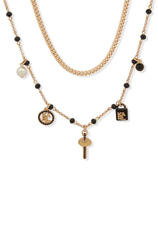 Karl Lagerfeld Lock And Key Enamel, Crystal & Imitation Pearl Logo Charm Layered Necklace In Gold