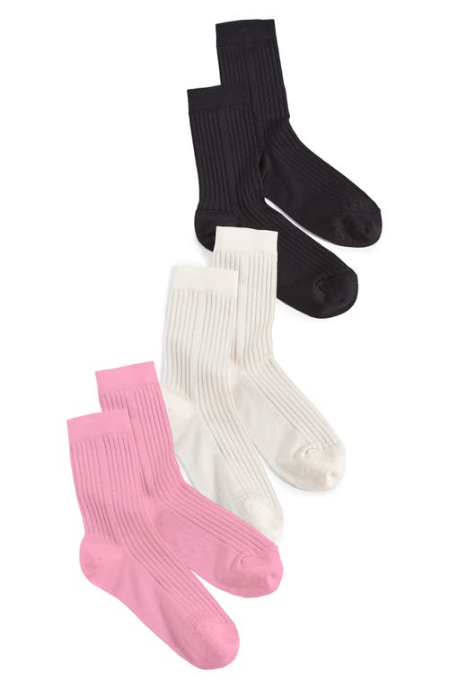 Shop Stems Assorted 3-pack Silky Rib Crew Socks In Ivory/black/pink