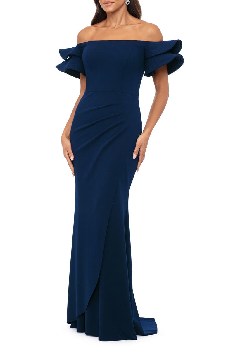 Xscape Evenings Ruffle Sleeve Off the Shoulder Scuba Crepe Sheath Gown ...