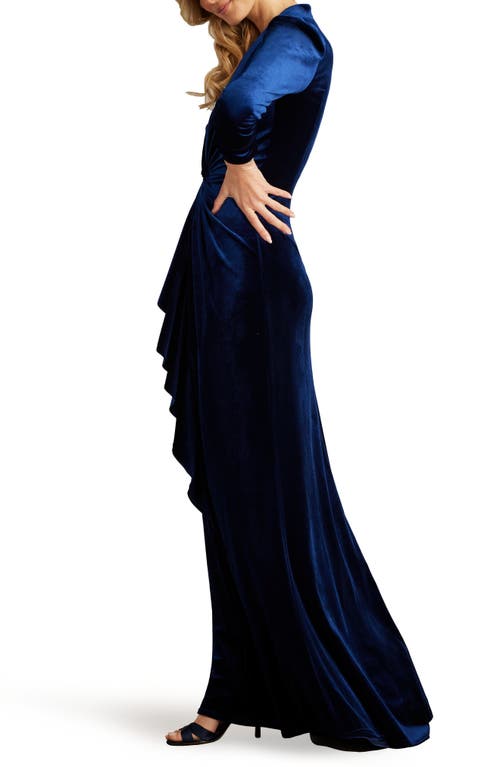 Shop Tadashi Shoji Knot Front Long Sleeve Velvet Gown In Navy