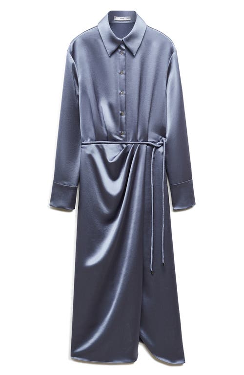 Mango Long Sleeve Satin Midi Shirtdress In Turquoise