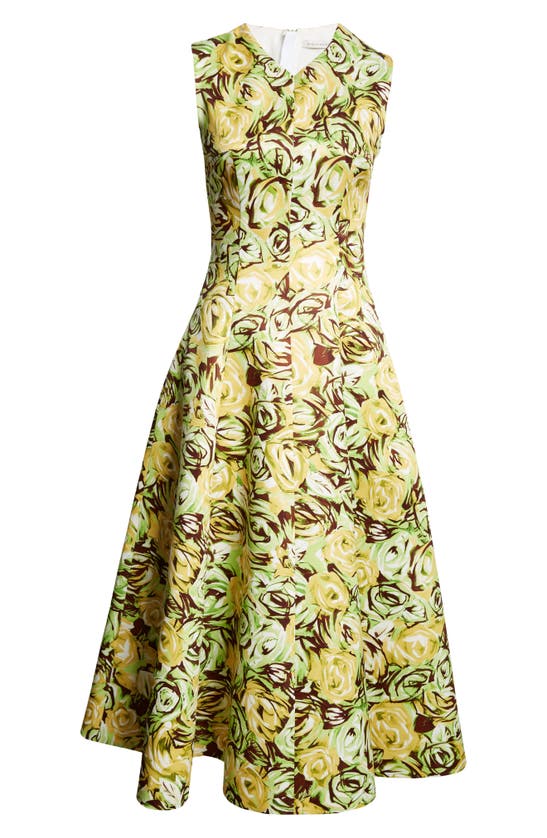 Shop Emilia Wickstead Madi Rose Sleeveless Fit & Flare Dress In Abstract Roses Green/lemon