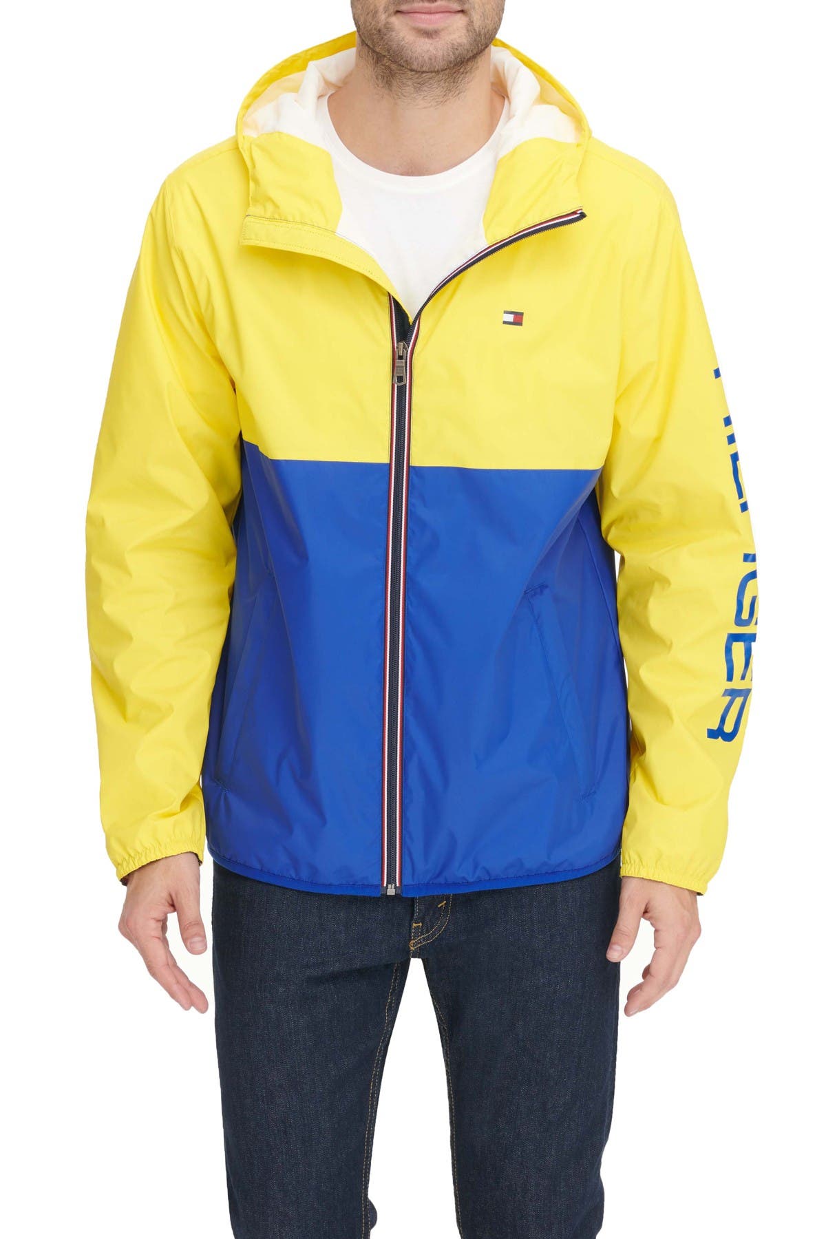 tommy hilfiger men's colorblocked logo rain slicker