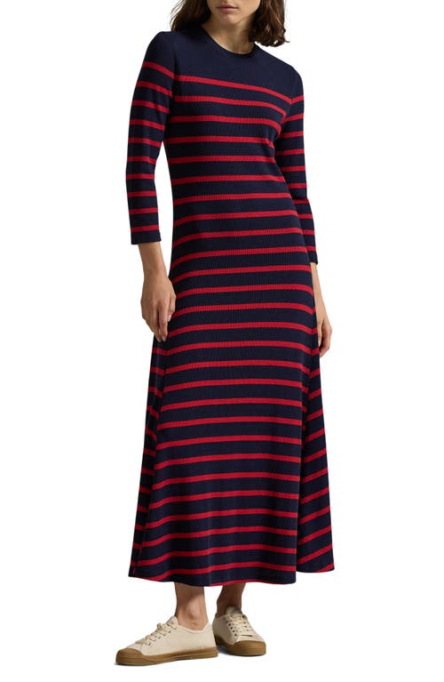 Shop Polo Ralph Lauren Stripe Waffle Stitch Maxi Sweater Dress In Hunter Navy/polo Sport Red