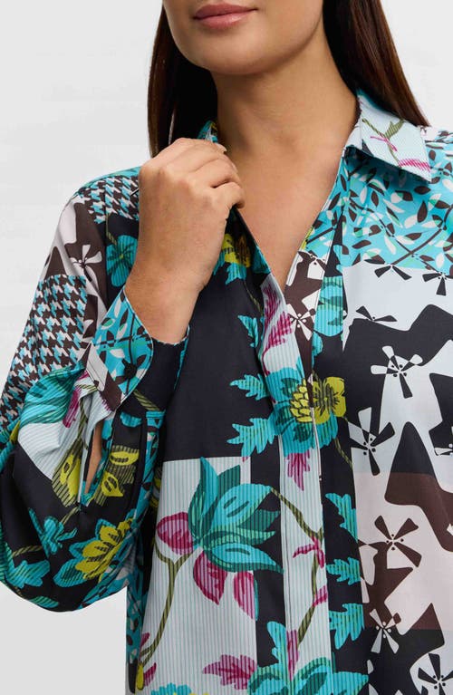 Foxcroft Kylie Cotton Sateen Button-up Shirt In Aqua/ Green Multi