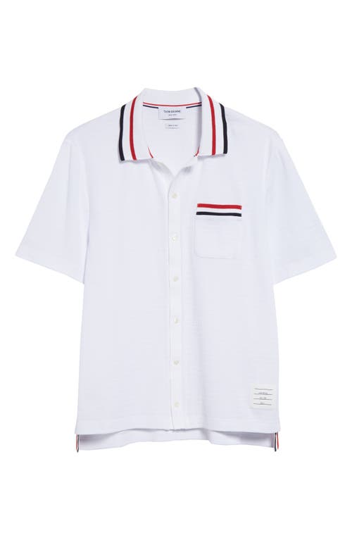 Thom Browne Short Sleeve Knit Cotton Button-up Shirt In White