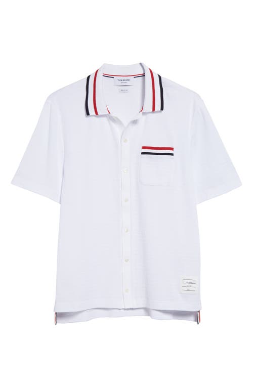 Shop Thom Browne Short Sleeve Knit Cotton Button-up Shirt In White