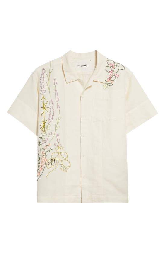 Shop Story Mfg. Greetings Embroidered Short Sleeve Cotton & Linen Button-up Shirt In Ecru Herb