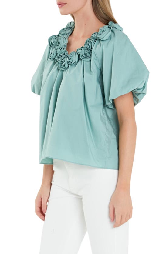 Shop English Factory Rosette Puff Sleeve Cotton Poplin Top In Sage