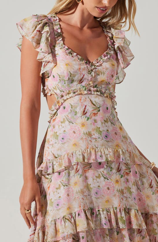 Shop Astr Mable Floral Tiered Cutout Chiffon Dress In Pink Floral