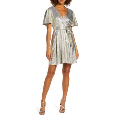 Ever New Metallic Short Sleeve Faux Wrap Dress, Metallic