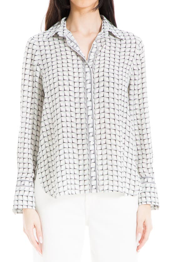 Max Studio Geometric Print Long Sleeve Button-up Shirt In Cream/ Sage Diagonal Diamond