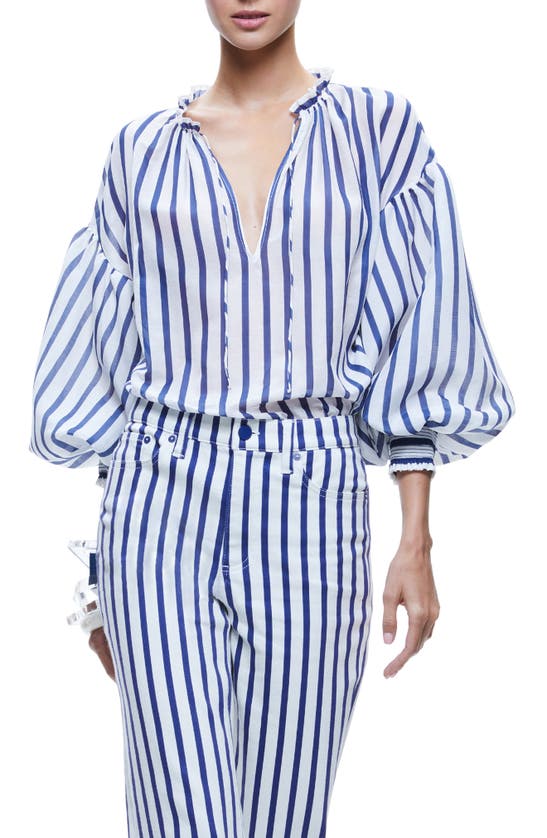 Shop Alice And Olivia Julius Stripe Cotton & Silk Top In Admiral Stripe Indigo
