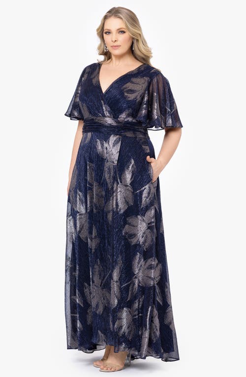 Shop Betsy & Adam Floral Foil Print Flutter Sleeve Gown In Navy/gunmetal