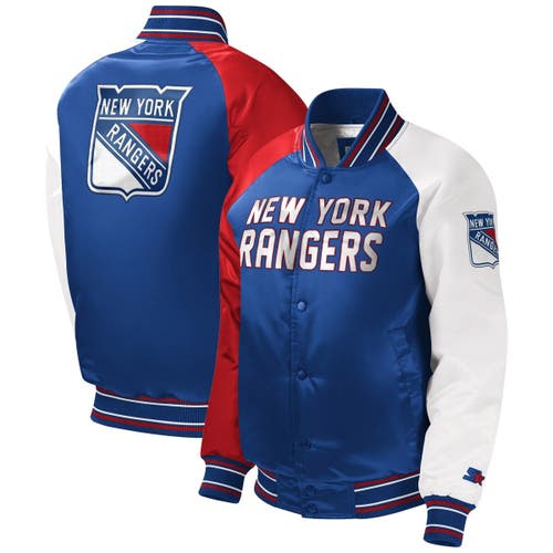 Youth Starter Blue New York Rangers Raglan Full-Snap Varsity Jacket