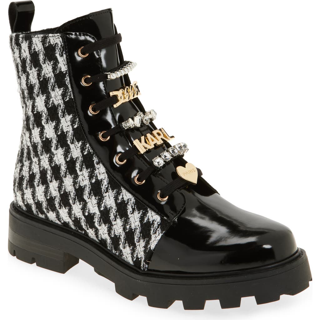 Karl Lagerfeld Paris Mela Tweed Combat Boot In Black/white