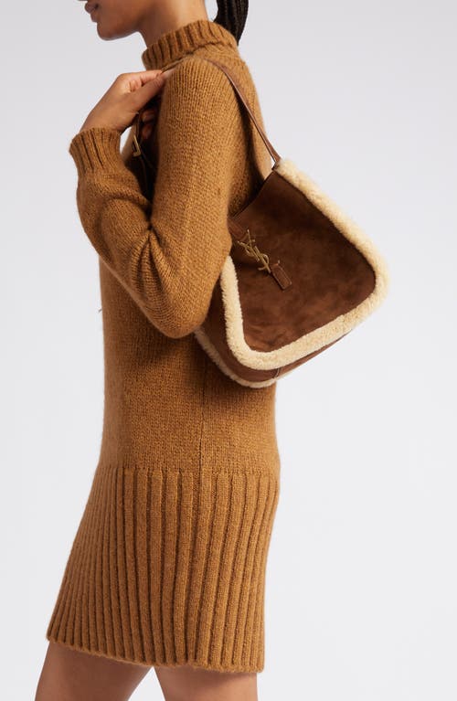 Saint Laurent Small Le 5 À 7 Genuine Shearling Hobo Bag In Dark Cigar/natural Beige