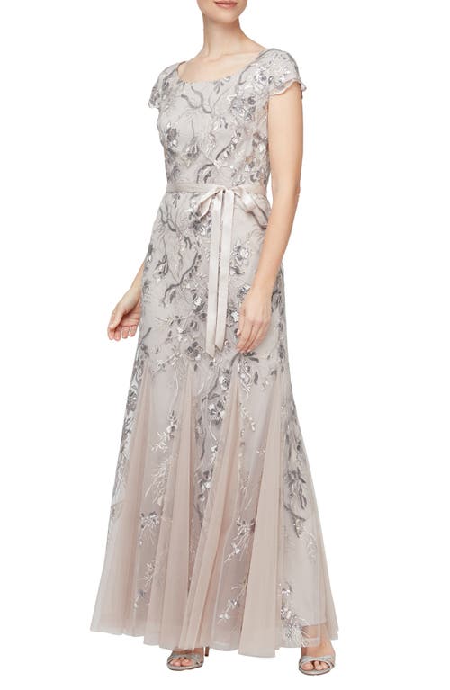 Alex Evenings Floral Embroidered Cap Sleeve Gown in Taupe