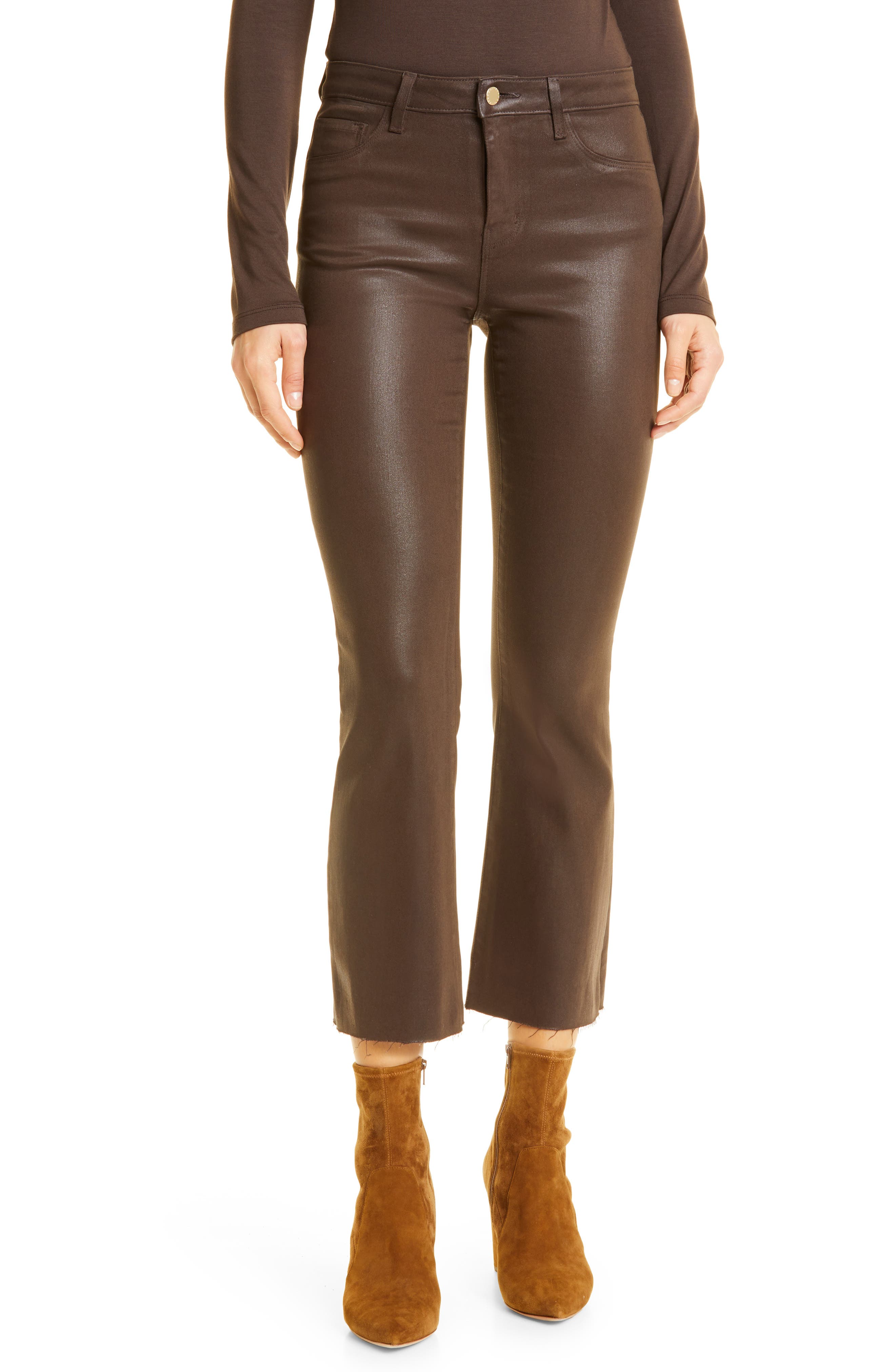 L'AGENCE Kendra Coated High Waist Crop Flare Jeans in Espresso Coated