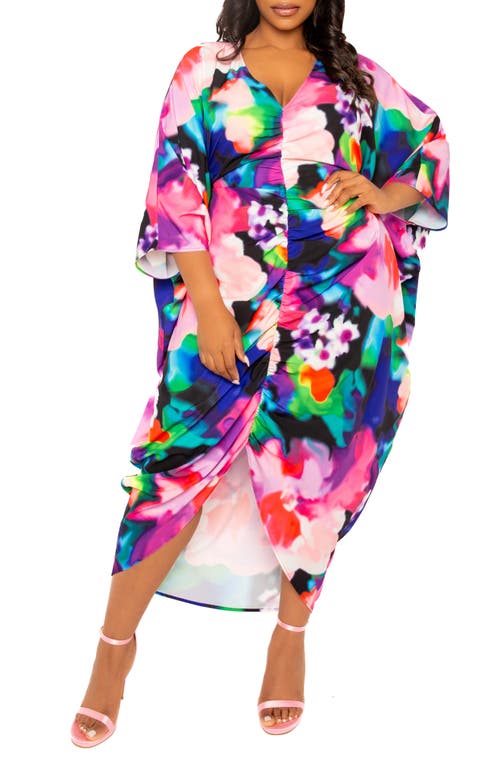Buxom Couture Abstract Floral Center Ruched Dress In Pink Multi