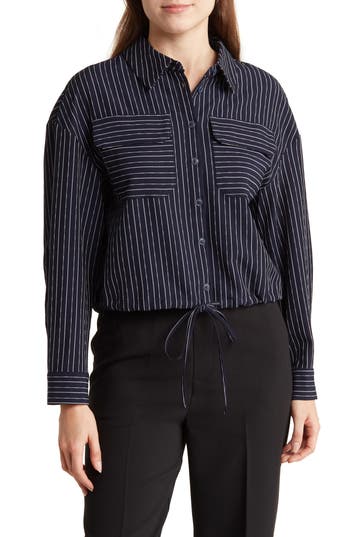 Shop Adrianna Papell Pinstripe Drawstring Jacket In Blue Moon/white