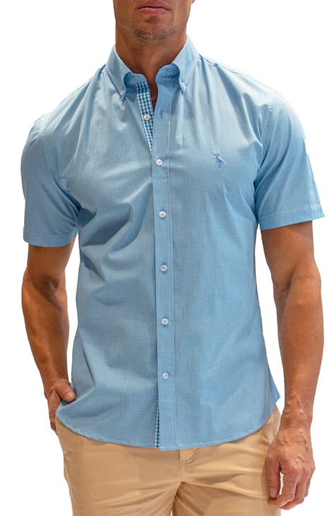 Micro Gingham Stretch Cotton Short Sleeve Button-Down Shirt