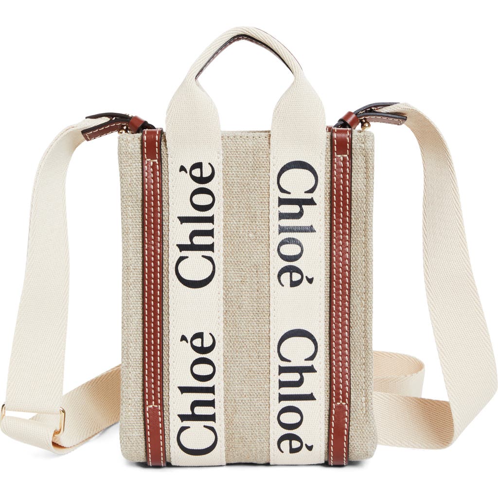 Chloé Mini Woody Linen Canvas North/south Tote In White - Brown