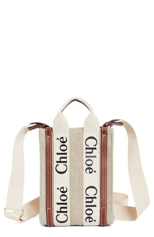 Chloé Mini Woody Linen Canvas North/South Tote in White - Brown at Nordstrom