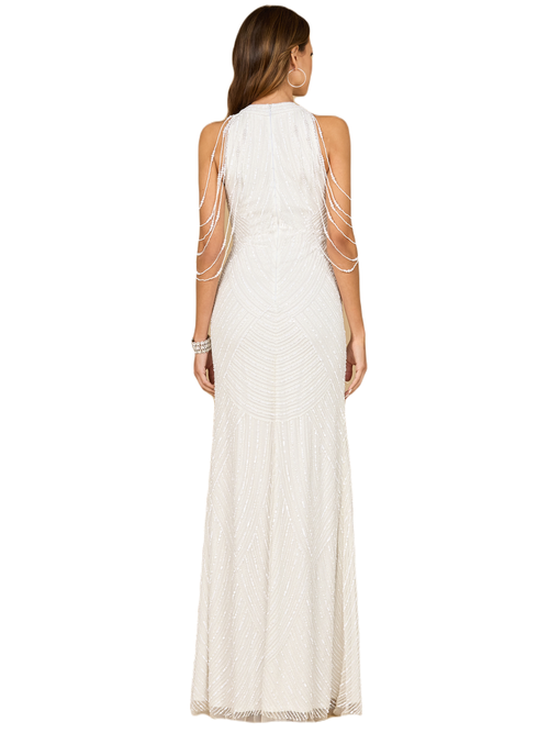 Lara New York Halter Neck Gown With Fringe In Ivory