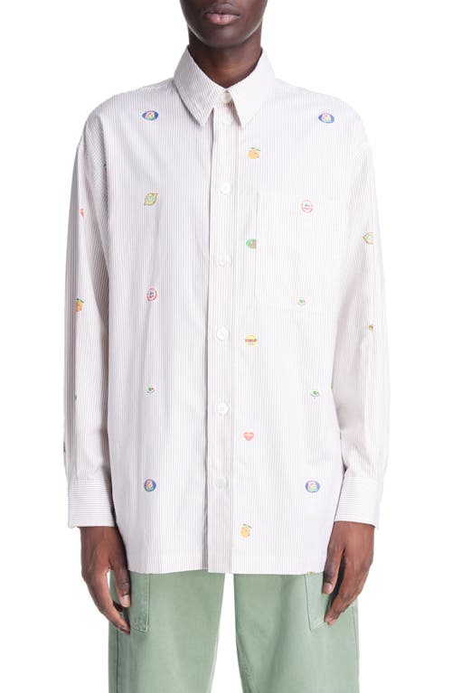 KENZO Fruit Stickers Oversize Stripe Button-Up Shirt Camel at Nordstrom,