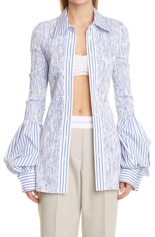 Alexander Wang Smocked Cotton Poplin Buttton-Up Shirt in White/Blue