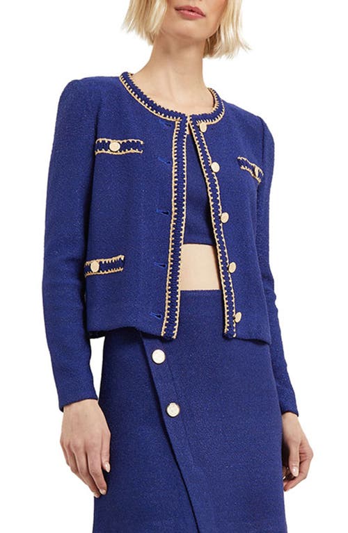 Shop Misook Metallic Trim Bouclé Sweater Jacket In Starry Night Blue