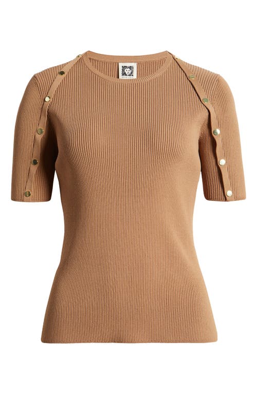 Shop Anne Klein Rib Snap Trim Short Sleeve Crewneck Sweater In Vicuna