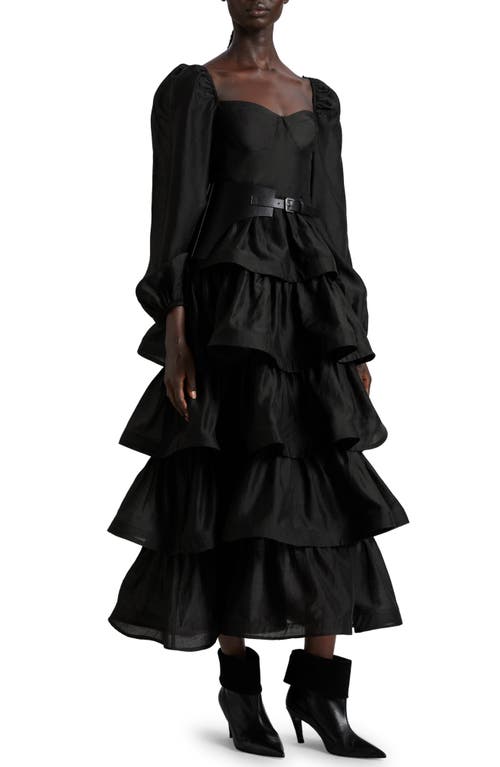 & Other Stories Tiered Skirt Long Sleeve Midi Dress in Black at Nordstrom, Size 4