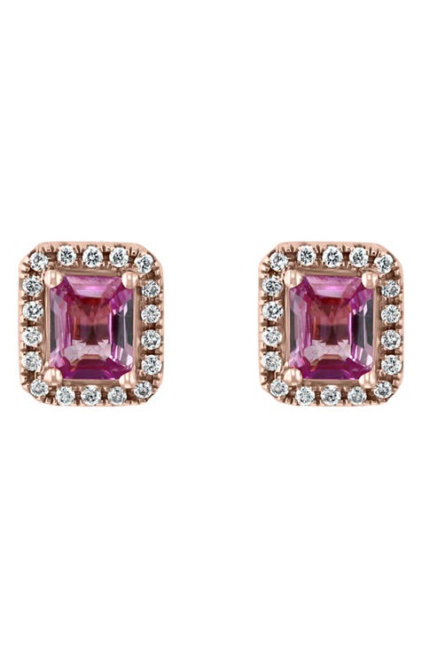 14K Rose Gold Pink Sapphire & Diamond Halo Stud Earrings - 0.14ct.