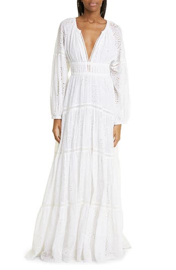 Shop A.l.c . Mackenna Long Sleeve Cotton Eyelet Maxi Dress In White/cream