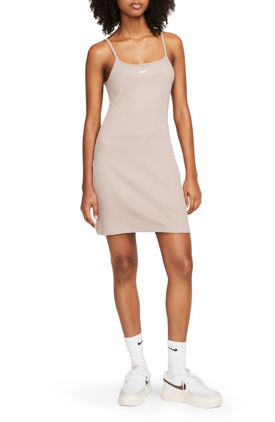 Nike Ribbed Stretch Cotton Minidress In Diffused Taupe/ White