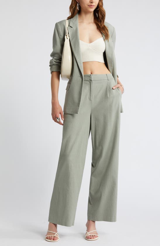 Shop Open Edit Wide Leg Linen Blend Pants In Green Halo