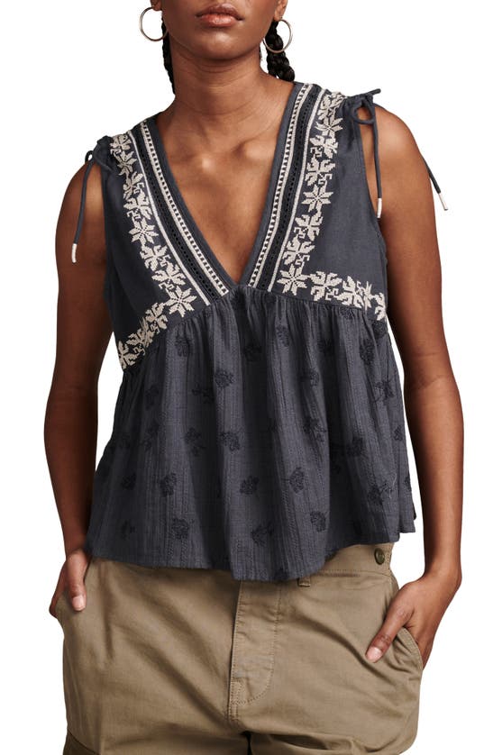 Lucky Brand Embroidered Ruched Shoulder Tank In Ombre Blue