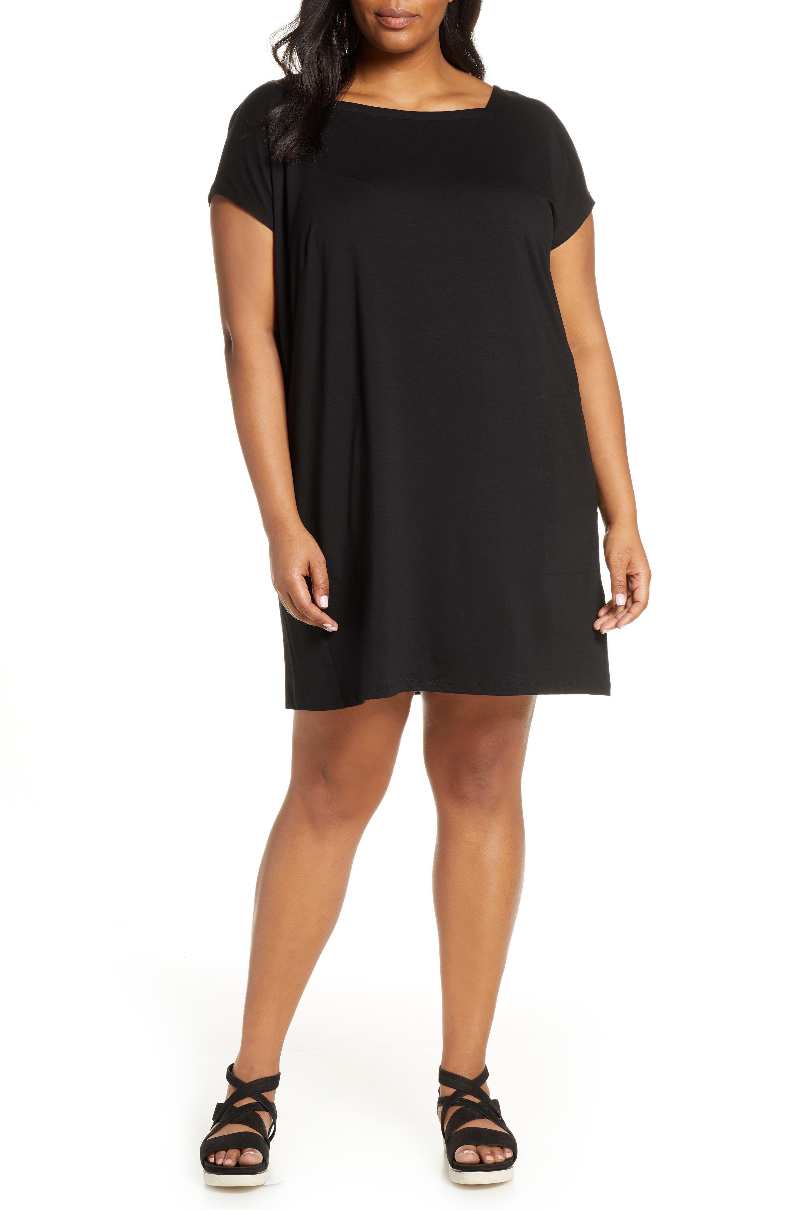 Plus Size Eileen Fisher Square Neck Tencel Lyocell Blend Dress, Black